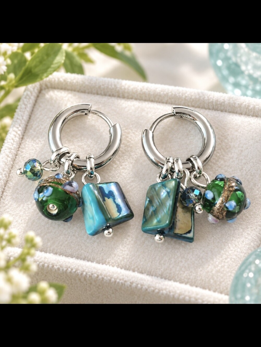 Stainless Silver Hoop Drop Earrings with Wedding Cake Beads , Blue Mother Charms
